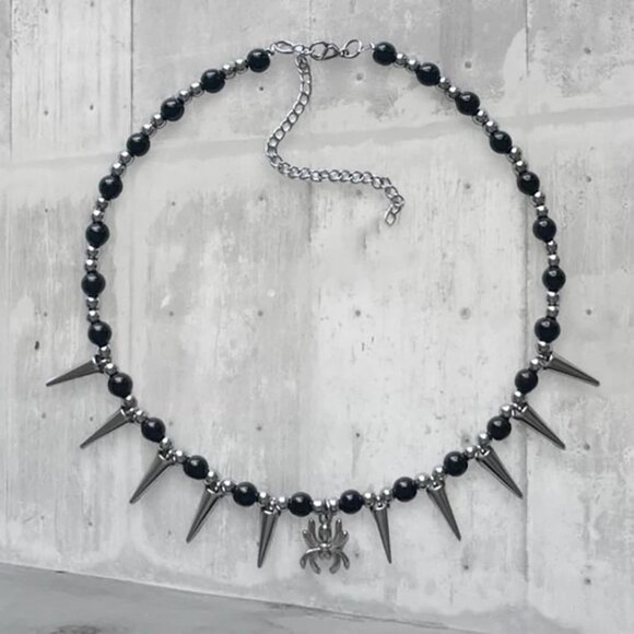 Jewelry - Spiked Short Silver Tone Necklace with Black Beads Goth Gothic Punk Rock Jewelry